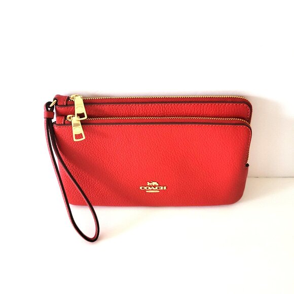 Coach CU919 Pebbled Leather Double Zip Wallet Clutch Wristlet True Red - Picture 1 of 8